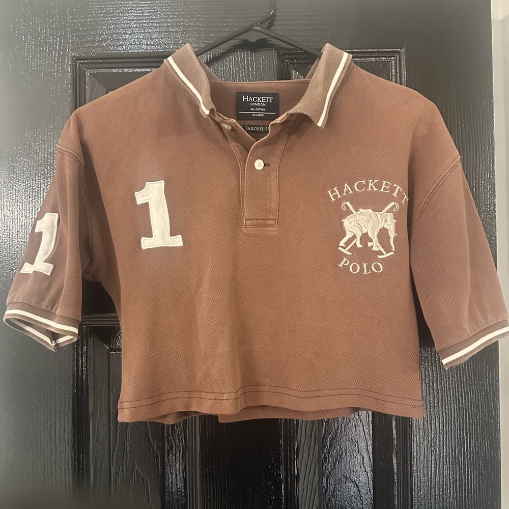 Light brown cropped polo top